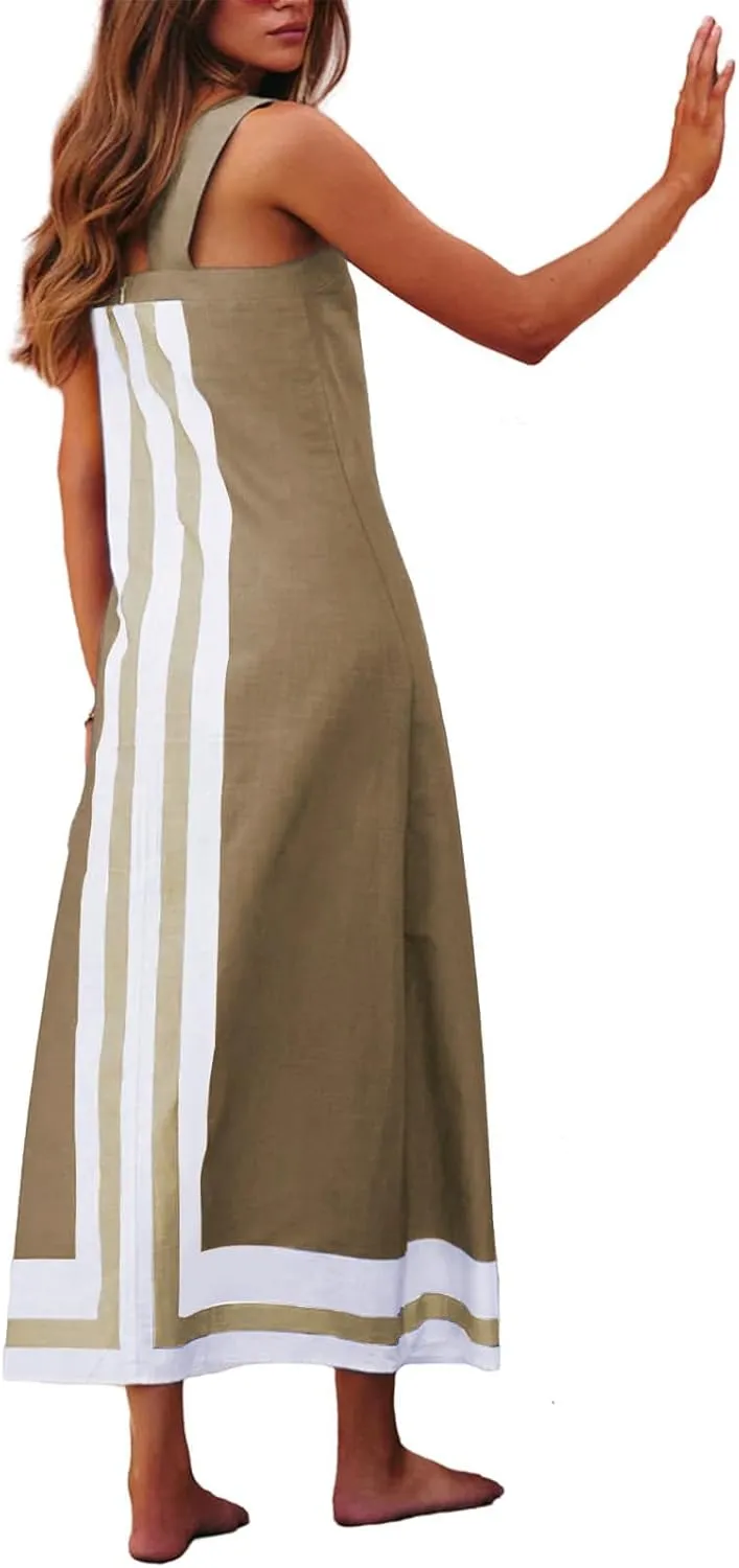 Color Block Dress for Women Beach Vacation Linen Summer Maxi Dresses Bohemian Square Neck Long Sundress Overall Dress