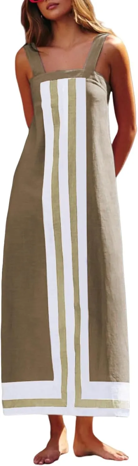 Color Block Dress for Women Beach Vacation Linen Summer Maxi Dresses Bohemian Square Neck Long Sundress Overall Dress