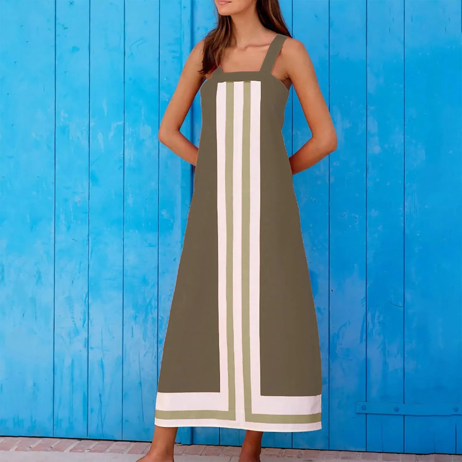 Color Block Dress for Women Beach Vacation Linen Summer Maxi Dresses Bohemian Square Neck Long Sundress Overall Dress