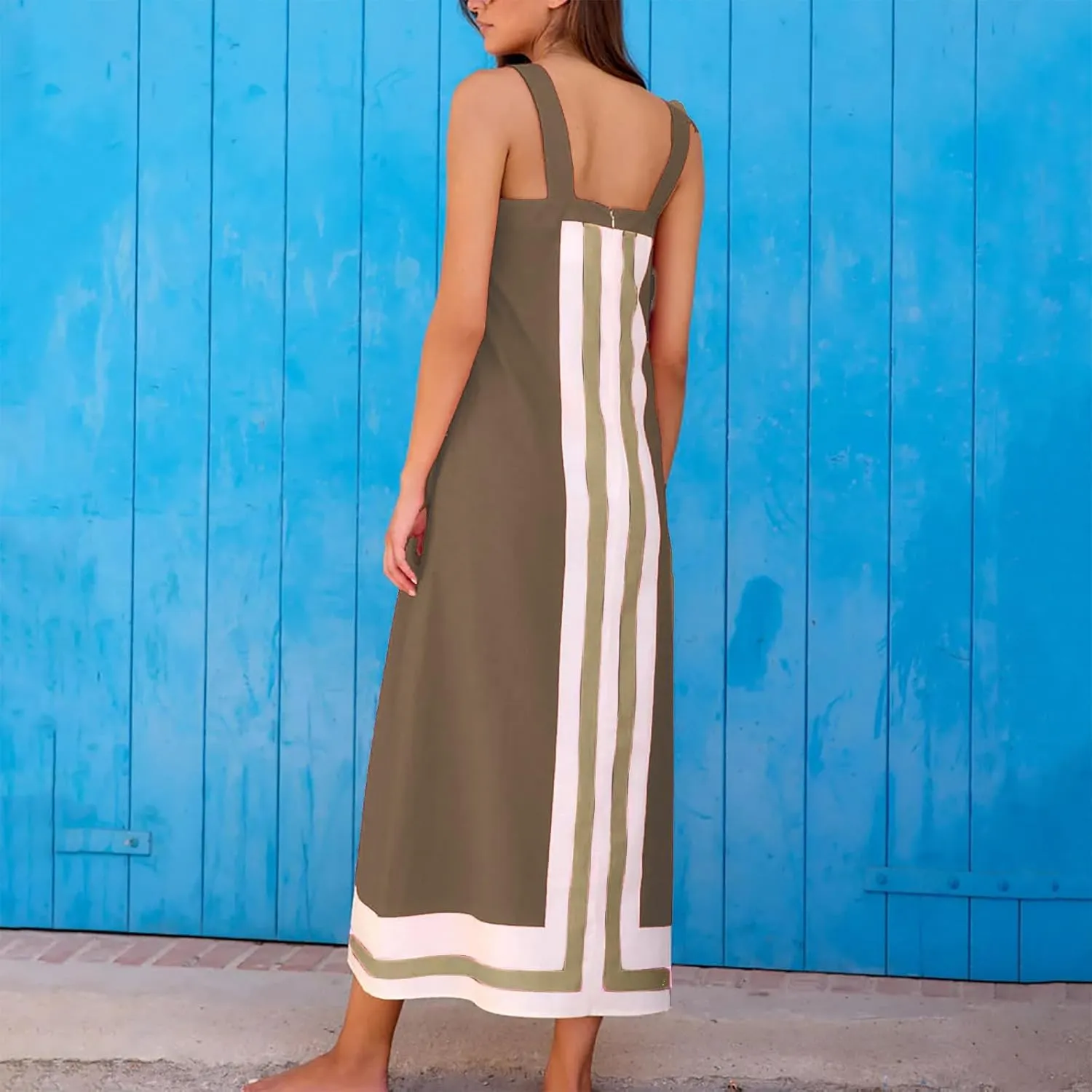 Color Block Dress for Women Beach Vacation Linen Summer Maxi Dresses Bohemian Square Neck Long Sundress Overall Dress