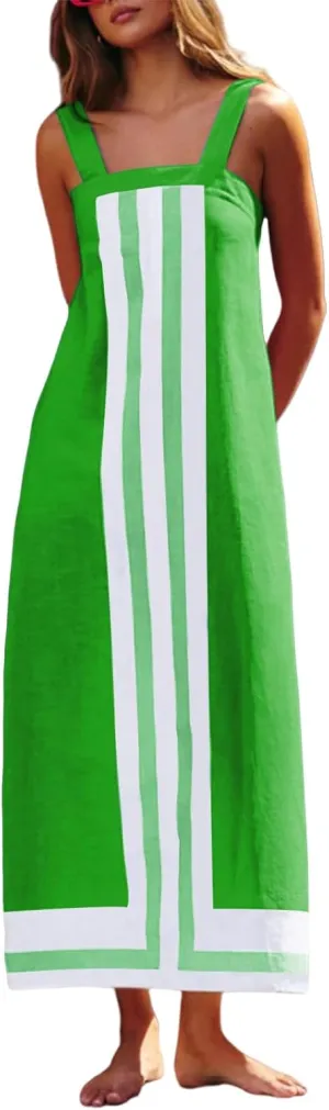 Color Block Maxi Beach Cover Ups for Women Summer Square Neck Sleeveless Cami Long Sundress Vacation Fashion Dresses