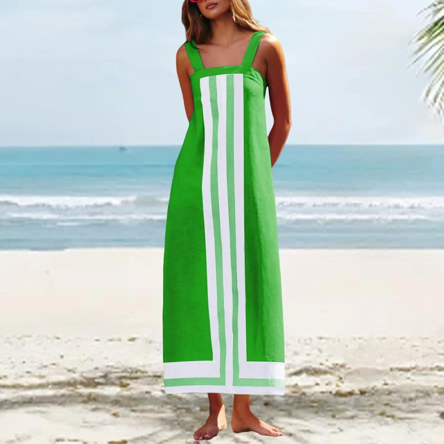 Color Block Maxi Beach Cover Ups for Women Summer Square Neck Sleeveless Cami Long Sundress Vacation Fashion Dresses