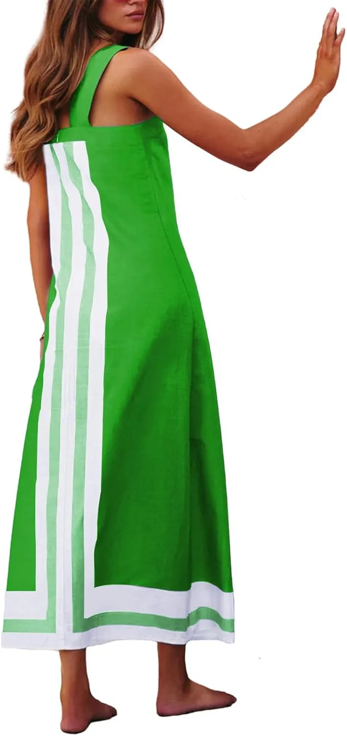 Color Block Maxi Beach Cover Ups for Women Summer Square Neck Sleeveless Cami Long Sundress Vacation Fashion Dresses