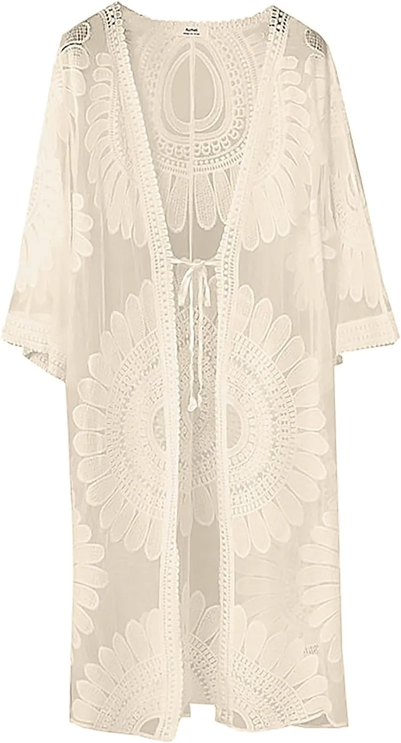 cooki Women's Kimono Cardigan Summer Swimsuit Coverups Beach Cover Up with Floral Print for Vacation Boho Swimwear Coverup