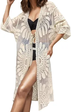 cooki Women's Kimono Cardigan Summer Swimsuit Coverups Beach Cover Up with Floral Print for Vacation Boho Swimwear Coverup