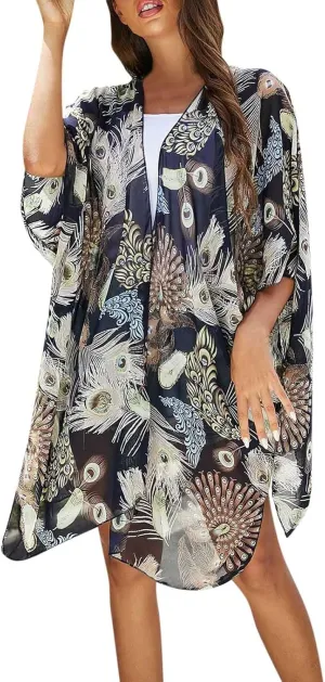 cooki Women's Kimono Cardigan Summer Swimsuit Coverups Beach Cover Up with Floral Print for Vacation Boho Swimwear Coverup