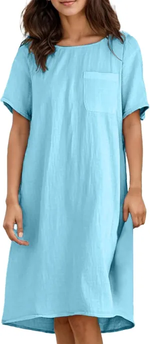 Cotton Linen Dress for Women Crew Neck Short Sleeve Flowy Plus Size Summer Knee Length Dresses with Chest Pockets