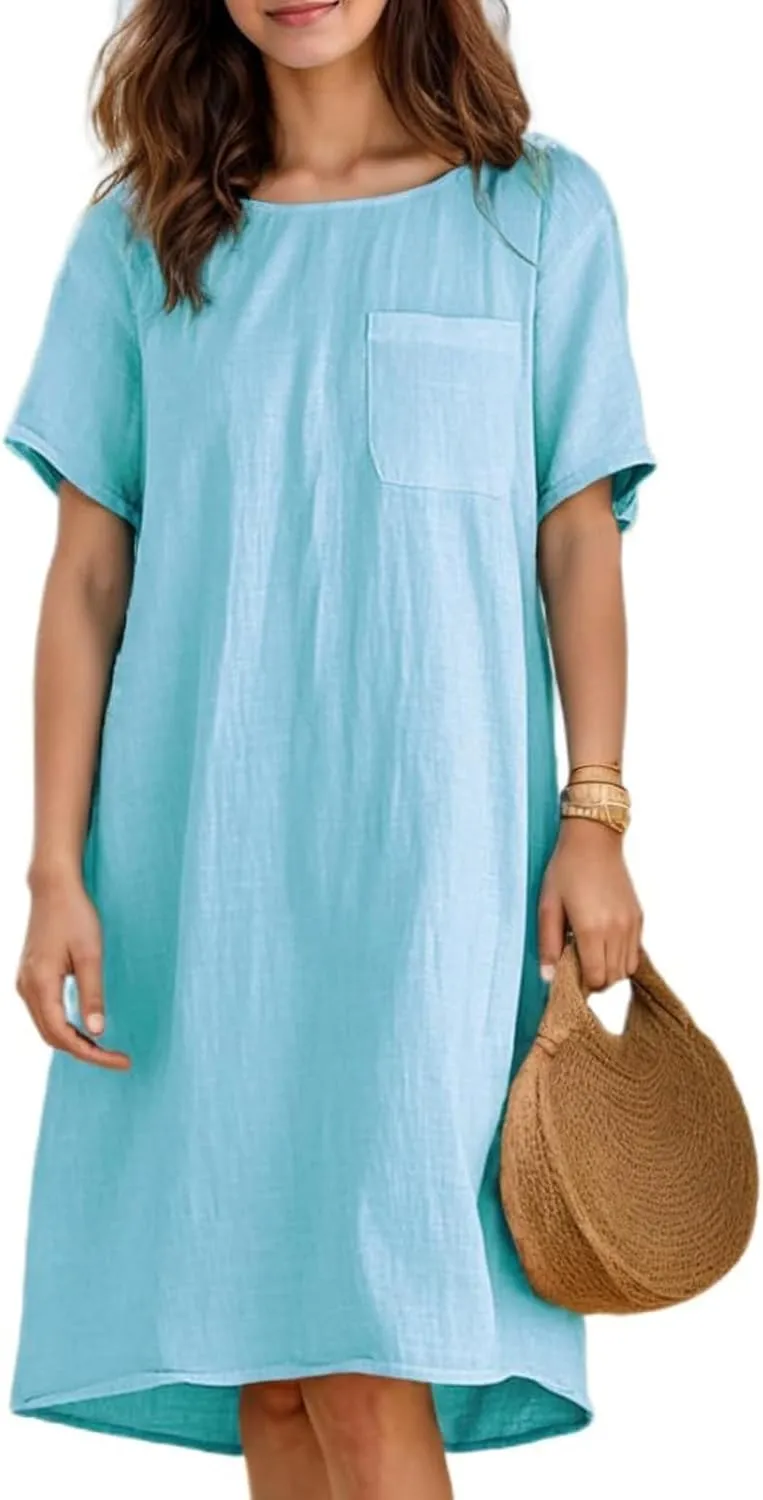 Cotton Linen Dress for Women Crew Neck Short Sleeve Flowy Plus Size Summer Knee Length Dresses with Chest Pockets