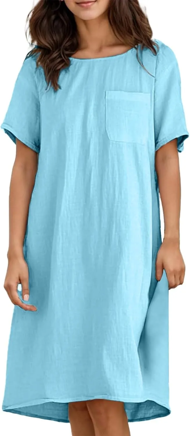 Cotton Linen Dress for Women Crew Neck Short Sleeve Flowy Plus Size Summer Knee Length Dresses with Chest Pockets