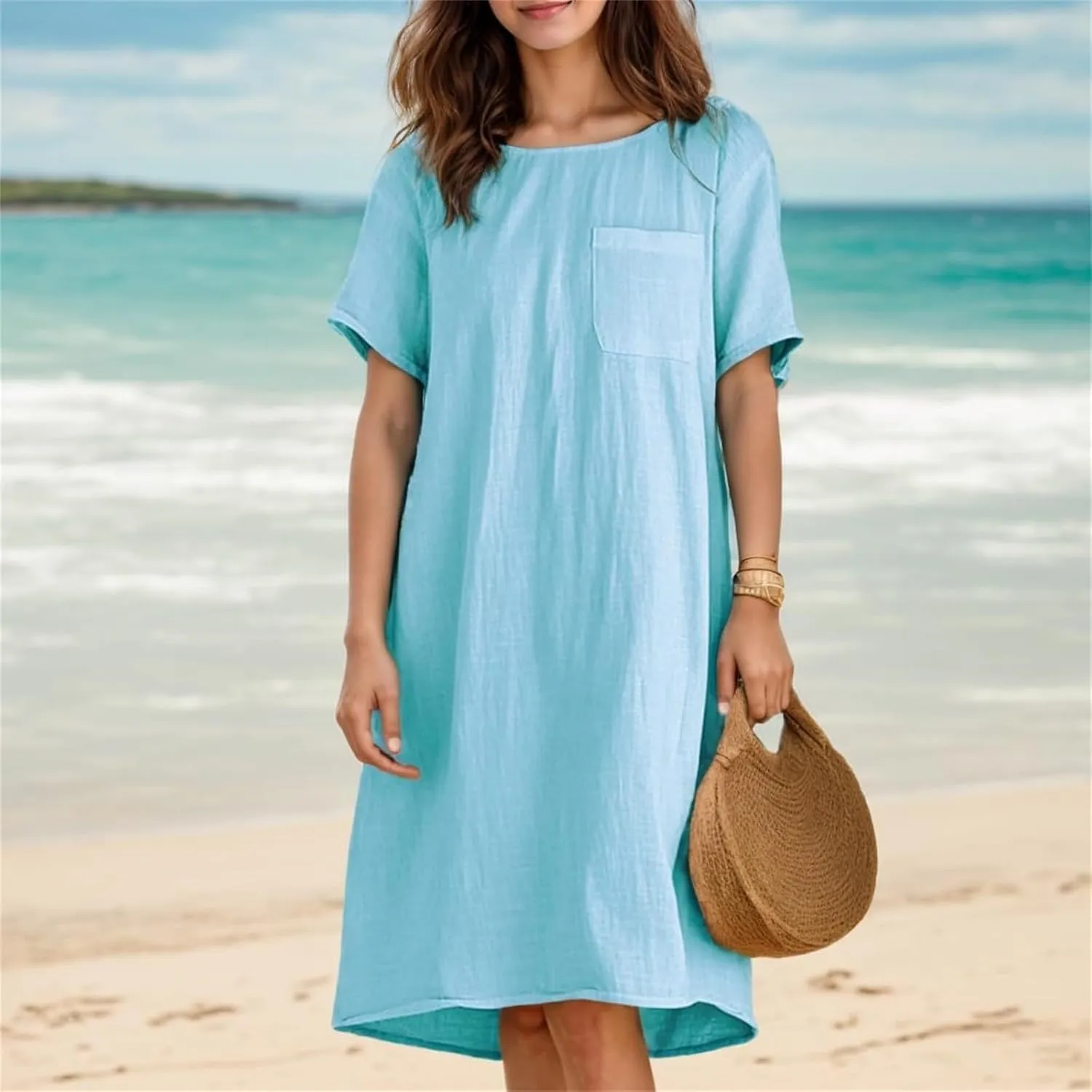 Cotton Linen Dress for Women Crew Neck Short Sleeve Flowy Plus Size Summer Knee Length Dresses with Chest Pockets
