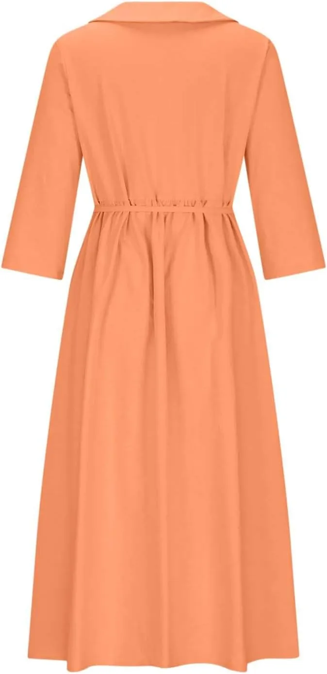 Cotton Linen Dresses for Women 2024 Maxi Button Down Plus Size A Line Dress Trendy 3/4 Sleeve Floral Dress Summer Dresses