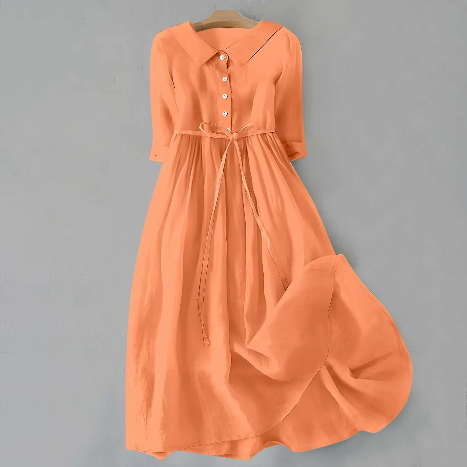 Cotton Linen Dresses for Women 2024 Maxi Button Down Plus Size A Line Dress Trendy 3/4 Sleeve Floral Dress Summer Dresses