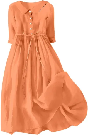 Cotton Linen Dresses for Women 2024 Maxi Button Down Plus Size A Line Dress Trendy 3/4 Sleeve Floral Dress Summer Dresses