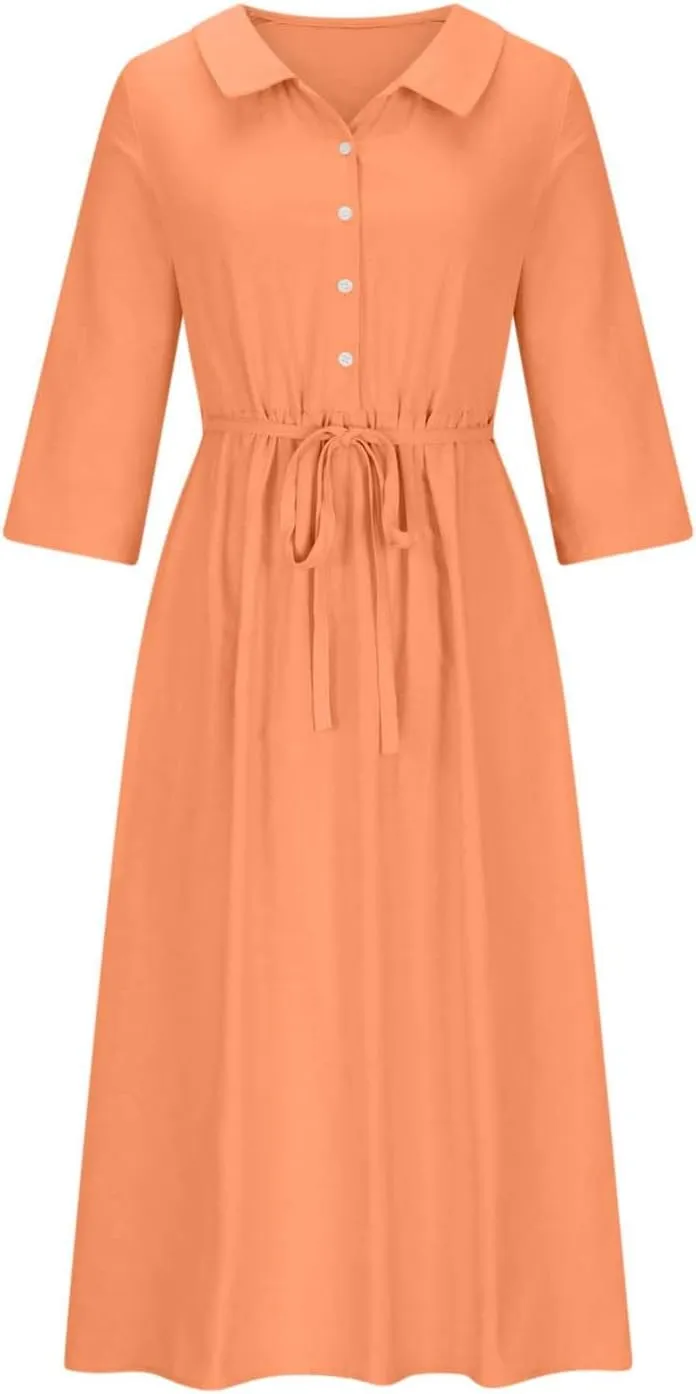 Cotton Linen Dresses for Women 2024 Maxi Button Down Plus Size A Line Dress Trendy 3/4 Sleeve Floral Dress Summer Dresses