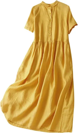 Cotton Linen Dresses for Women Casual Short Sleeve Collared Maxi Dress Spring Vacation Fashion Elegantes Dresses