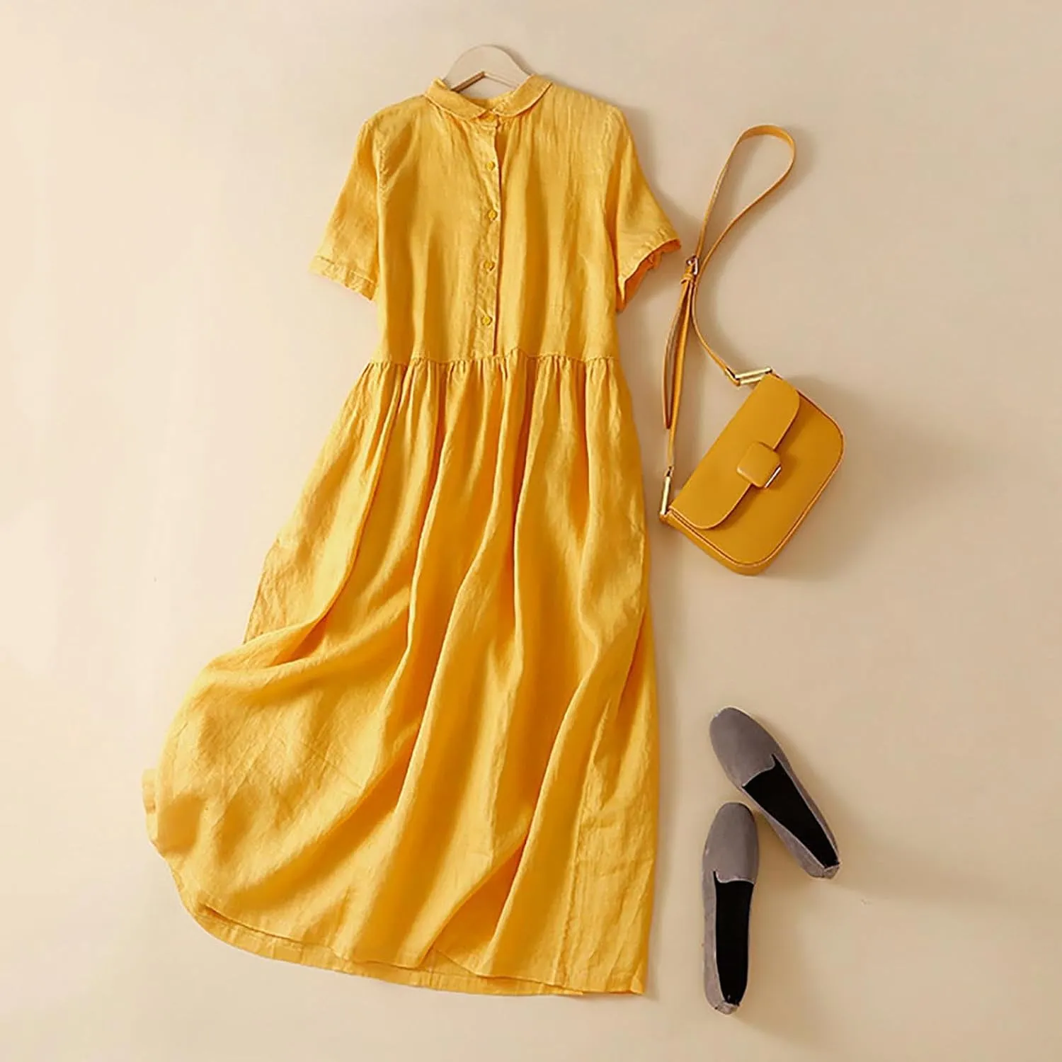 Cotton Linen Dresses for Women Casual Short Sleeve Collared Maxi Dress Spring Vacation Fashion Elegantes Dresses