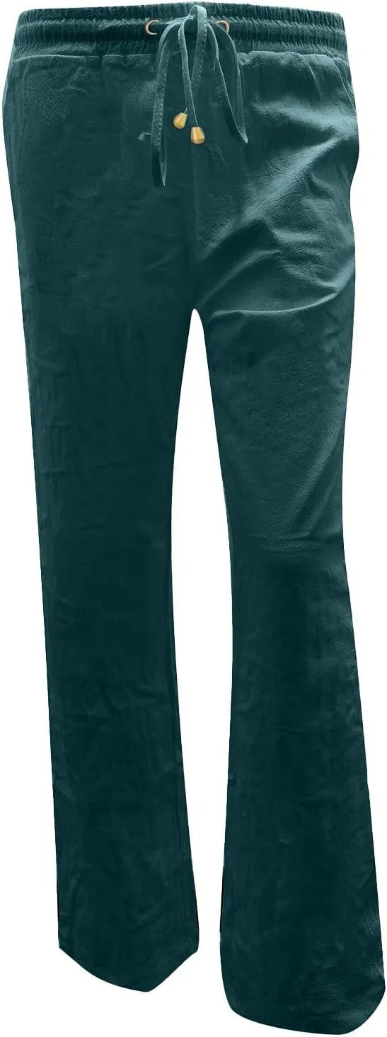 Cotton Linen Pants Womens Casual Long Trousers Lightweight High Waist Summer Pant Straight Leg Trouser Drawstring