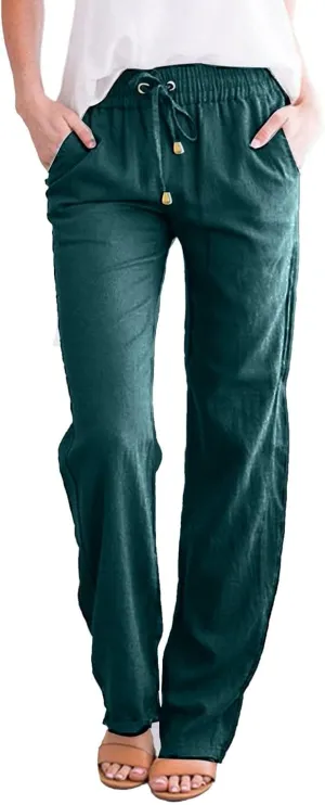 Cotton Linen Pants Womens Casual Long Trousers Lightweight High Waist Summer Pant Straight Leg Trouser Drawstring