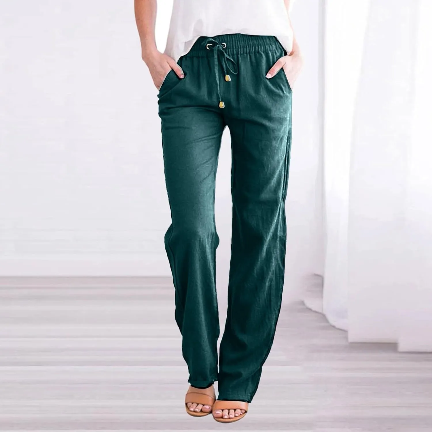 Cotton Linen Pants Womens Casual Long Trousers Lightweight High Waist Summer Pant Straight Leg Trouser Drawstring