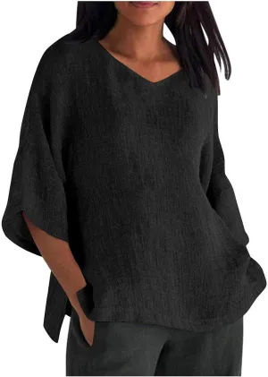 Cotton Linen Tops for Women Plus Size 3/4 Sleeve Casual Summer Blouse T Shirt Fashion Side Split Loose Tunic Shirts