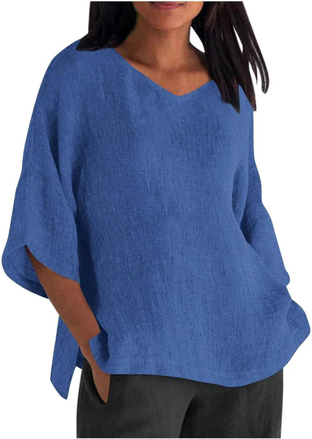 Cotton Linen Tops for Women Plus Size 3/4 Sleeve Casual Summer Blouse T Shirt Fashion Side Split Loose Tunic Shirts