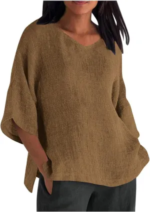 Cotton Linen Tops for Women Plus Size 3/4 Sleeve Casual Summer Blouse T Shirt Fashion Side Split Loose Tunic Shirts