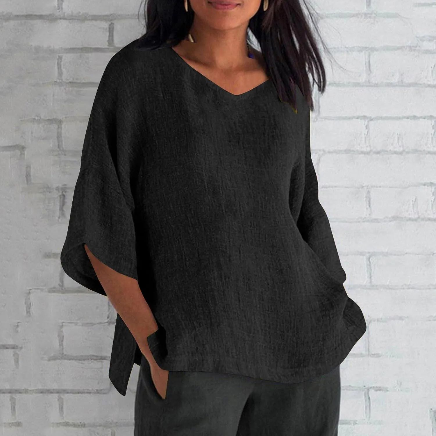Cotton Linen Tops for Women Plus Size 3/4 Sleeve Casual Summer Blouse T Shirt Fashion Side Split Loose Tunic Shirts