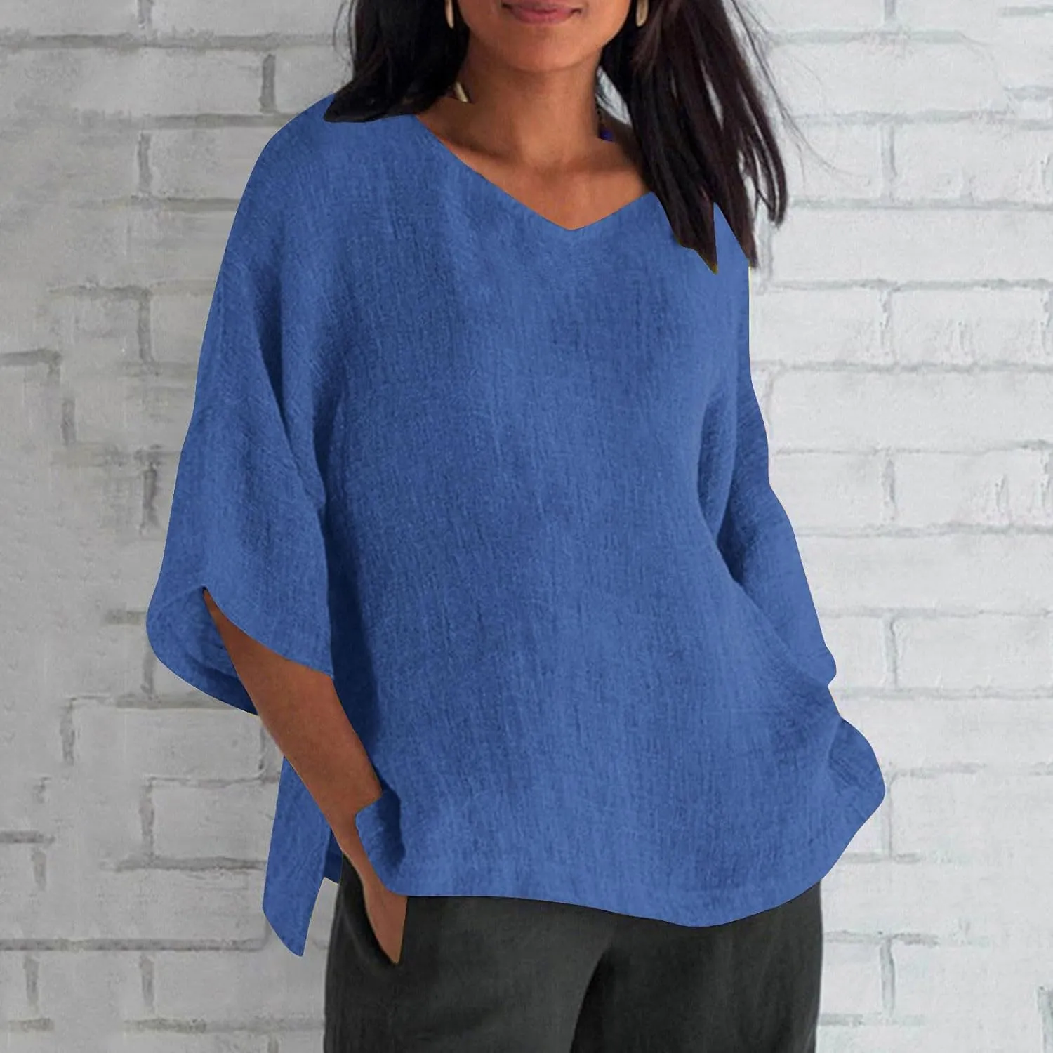 Cotton Linen Tops for Women Plus Size 3/4 Sleeve Casual Summer Blouse T Shirt Fashion Side Split Loose Tunic Shirts
