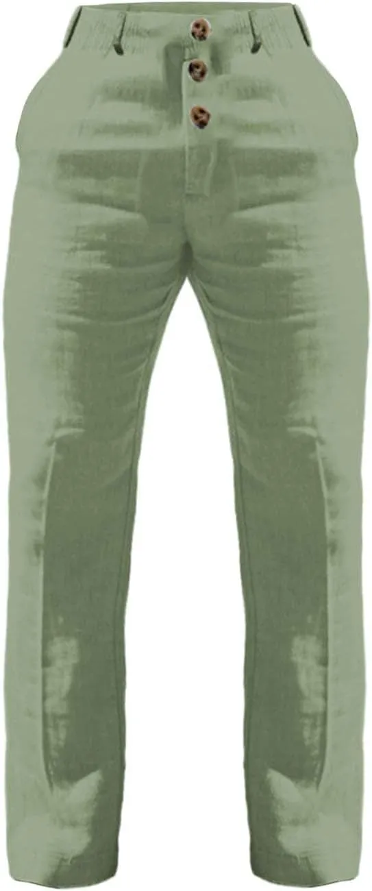 CRNTCEM Mens Wide Leg Business Cotton Linen Pants Lightweight Work Office Dress Pants Straight Leg Athletic Workout Trousers