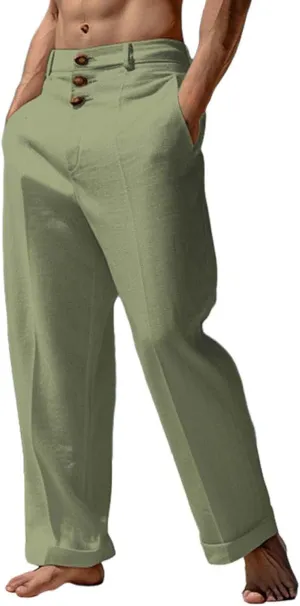 CRNTCEM Mens Wide Leg Business Cotton Linen Pants Lightweight Work Office Dress Pants Straight Leg Athletic Workout Trousers