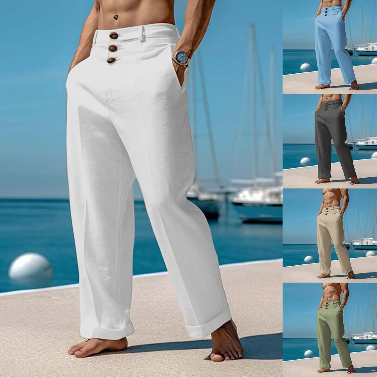 CRNTCEM Mens Wide Leg Business Cotton Linen Pants Lightweight Work Office Dress Pants Straight Leg Athletic Workout Trousers