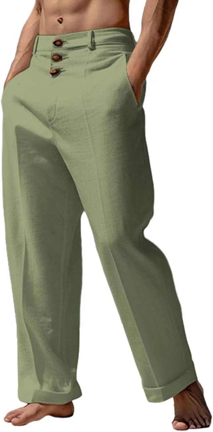 CRNTCEM Mens Wide Leg Business Cotton Linen Pants Lightweight Work Office Dress Pants Straight Leg Athletic Workout Trousers