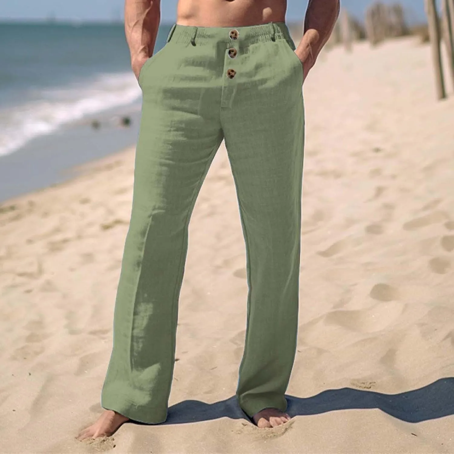 CRNTCEM Mens Wide Leg Business Cotton Linen Pants Lightweight Work Office Dress Pants Straight Leg Athletic Workout Trousers