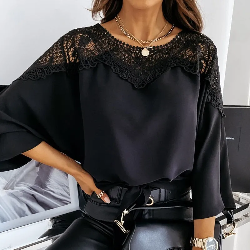 Crochet Embroidery Lace Neckline Blouse