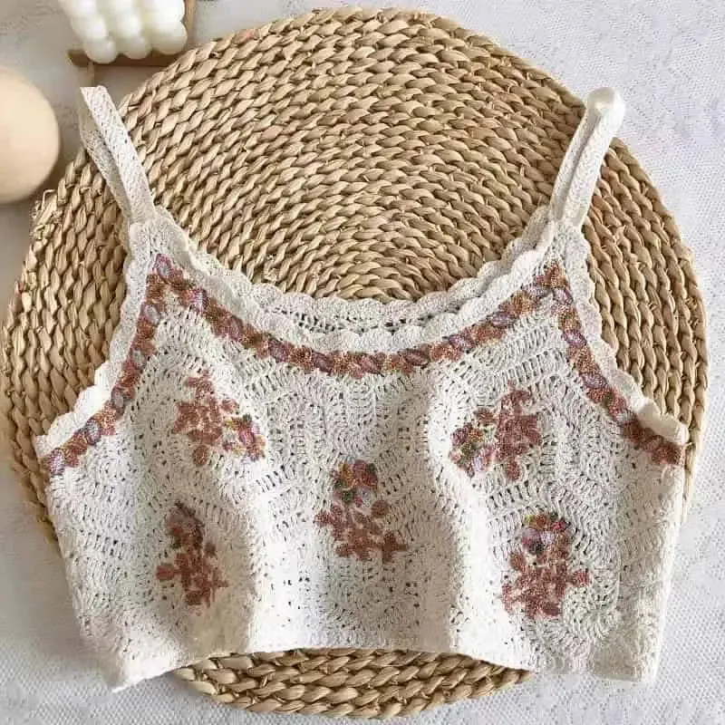 Crochet Floral Print Openwork Crop Tops