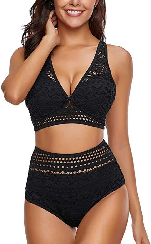Crochet Two V Set Neck High Lace Swimsuit Waist Women's Bikini Swimwears Tankinis Set Women Bathing Suit Shorts