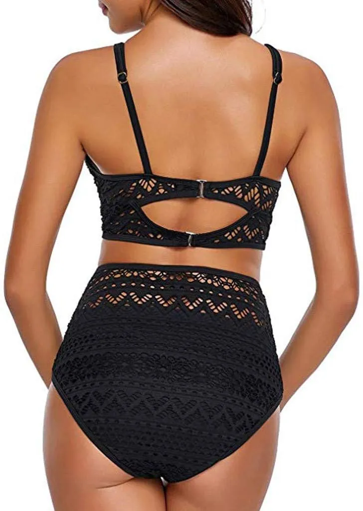 Crochet Two V Set Neck High Lace Swimsuit Waist Women's Bikini Swimwears Tankinis Set Women Bathing Suit Shorts