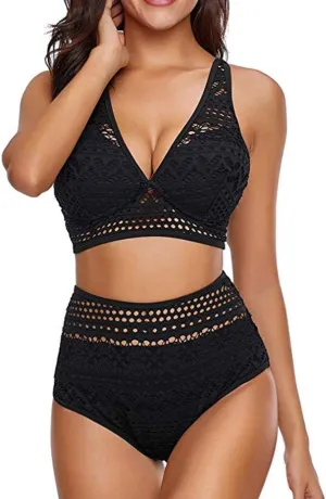 Crochet Two V Set Neck High Lace Swimsuit Waist Women's Bikini Swimwears Tankinis Set Women Bathing Suit Shorts