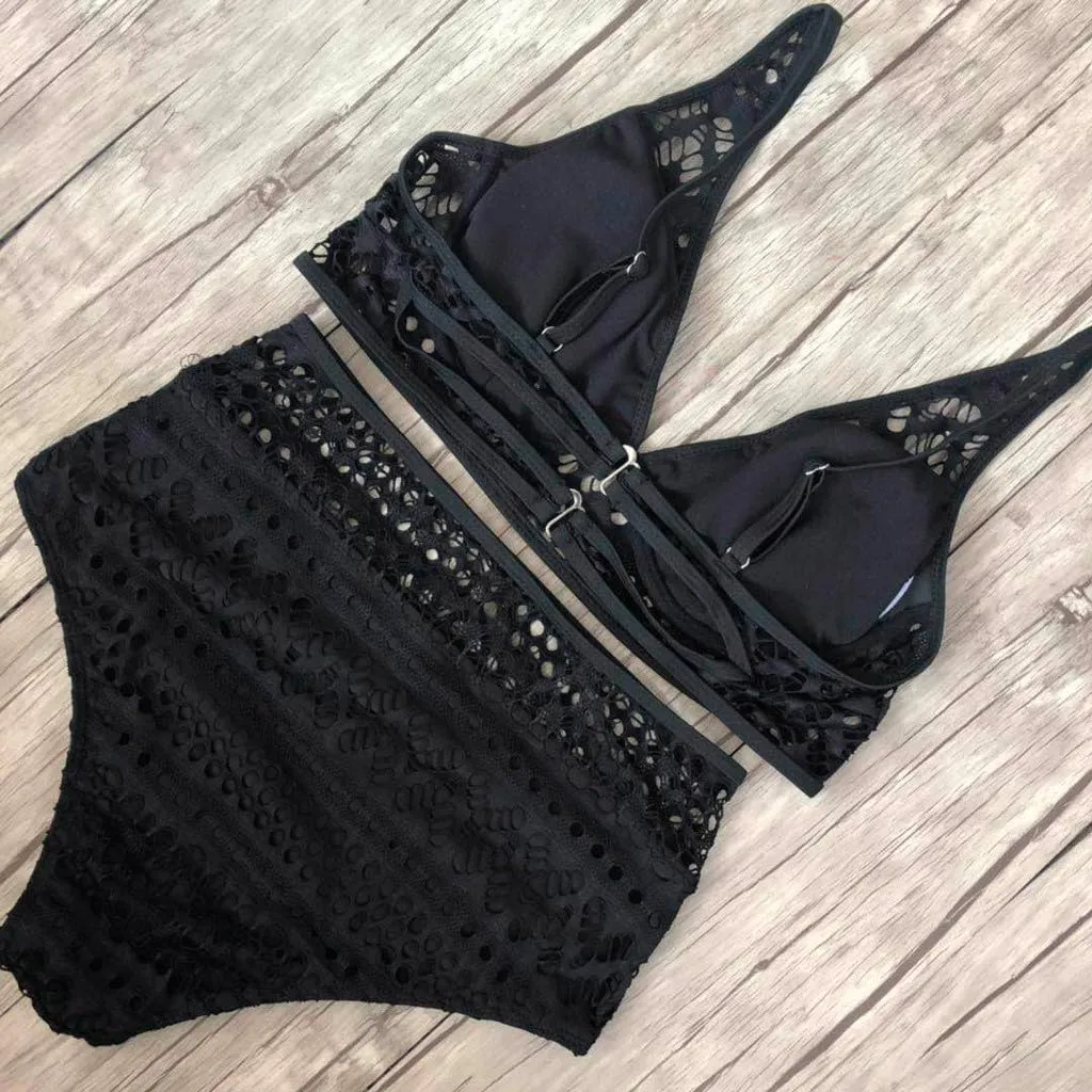 Crochet Two V Set Neck High Lace Swimsuit Waist Women's Bikini Swimwears Tankinis Set Women Bathing Suit Shorts