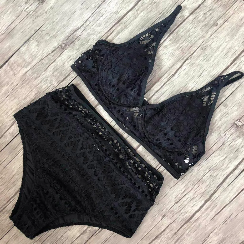 Crochet Two V Set Neck High Lace Swimsuit Waist Women's Bikini Swimwears Tankinis Set Women Bathing Suit Shorts
