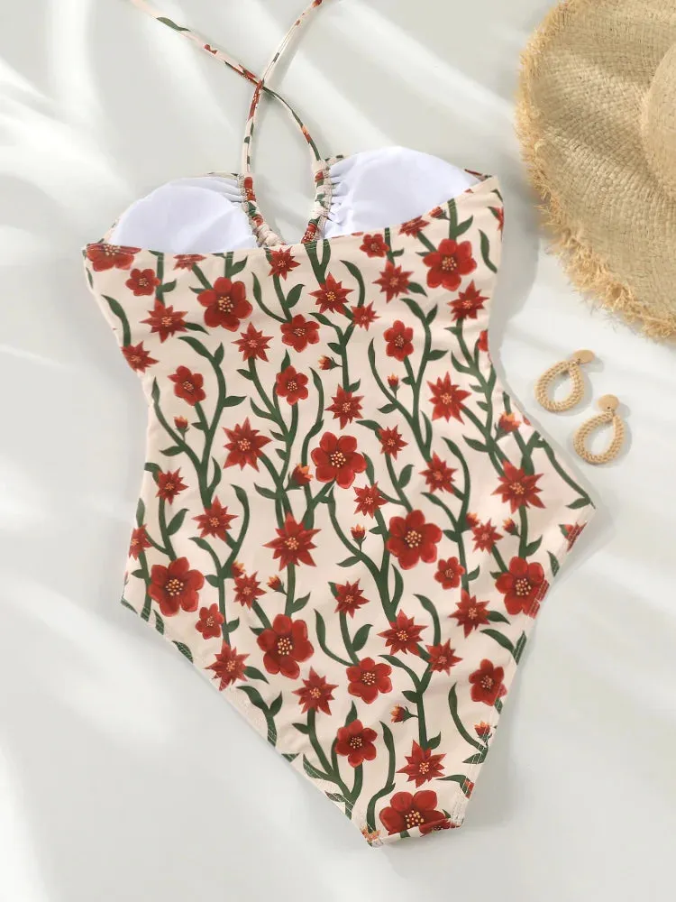 Cutout Swimwear Floral One-Piece Halter Swimsuit