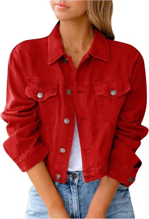 Denim Jacket for Women Plus Size Basic Button Down Casual Long Sleeve Trucker Jacket Cropped Jean Coat