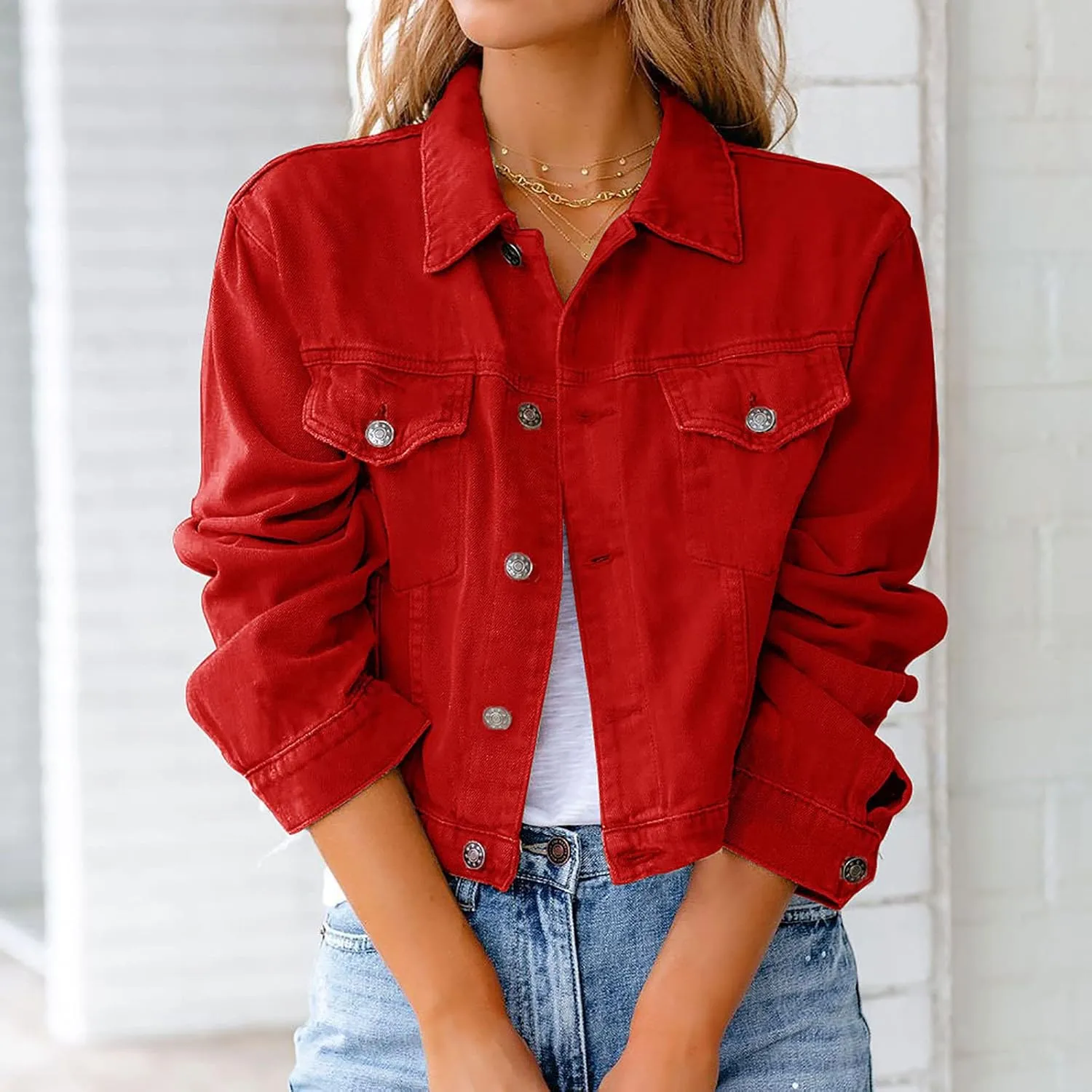 Denim Jacket for Women Plus Size Basic Button Down Casual Long Sleeve Trucker Jacket Cropped Jean Coat