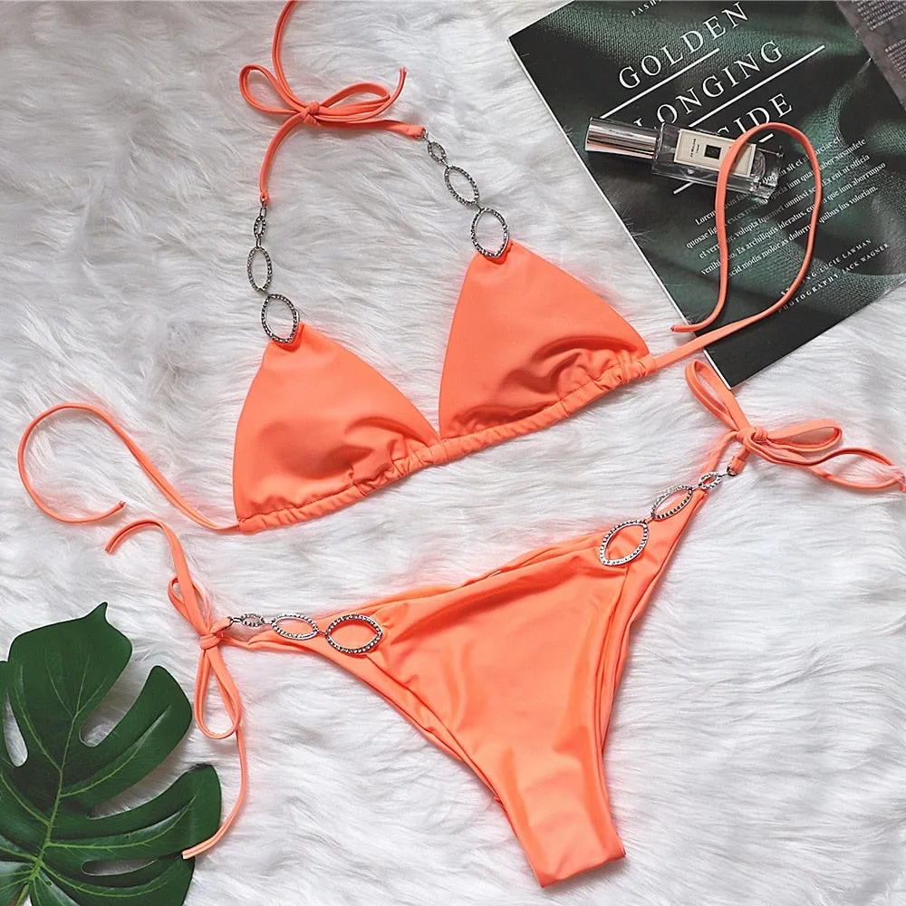 Diamond Bikini Halter Swimwear Women Swimsuit Two Pieces Bikini Set Solid Bathing Suits Beachwear