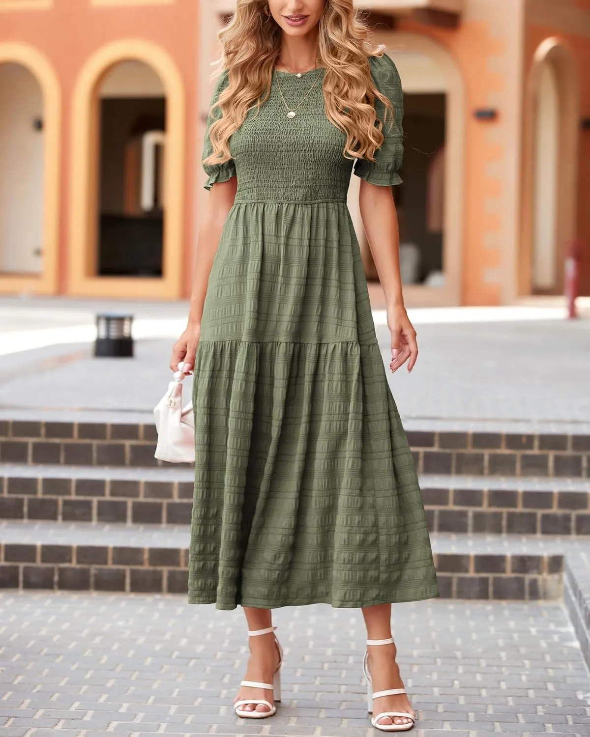 dowerme Womens Summer Dresses 2025 Casual Puff Short Sleeve Crewneck Smocked Flowy Ruffle Boho Beach Party Maxi Sundress