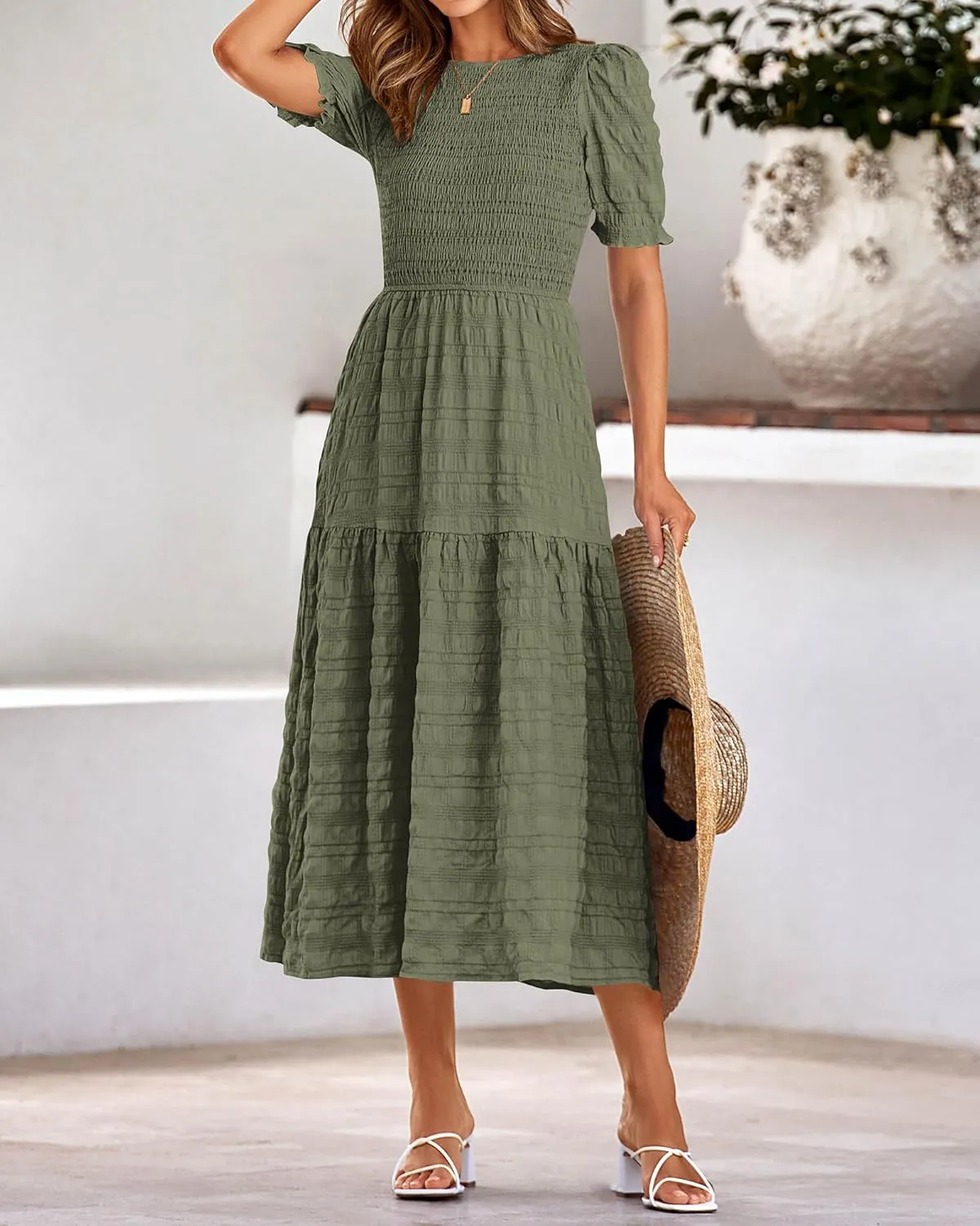 dowerme Womens Summer Dresses 2025 Casual Puff Short Sleeve Crewneck Smocked Flowy Ruffle Boho Beach Party Maxi Sundress