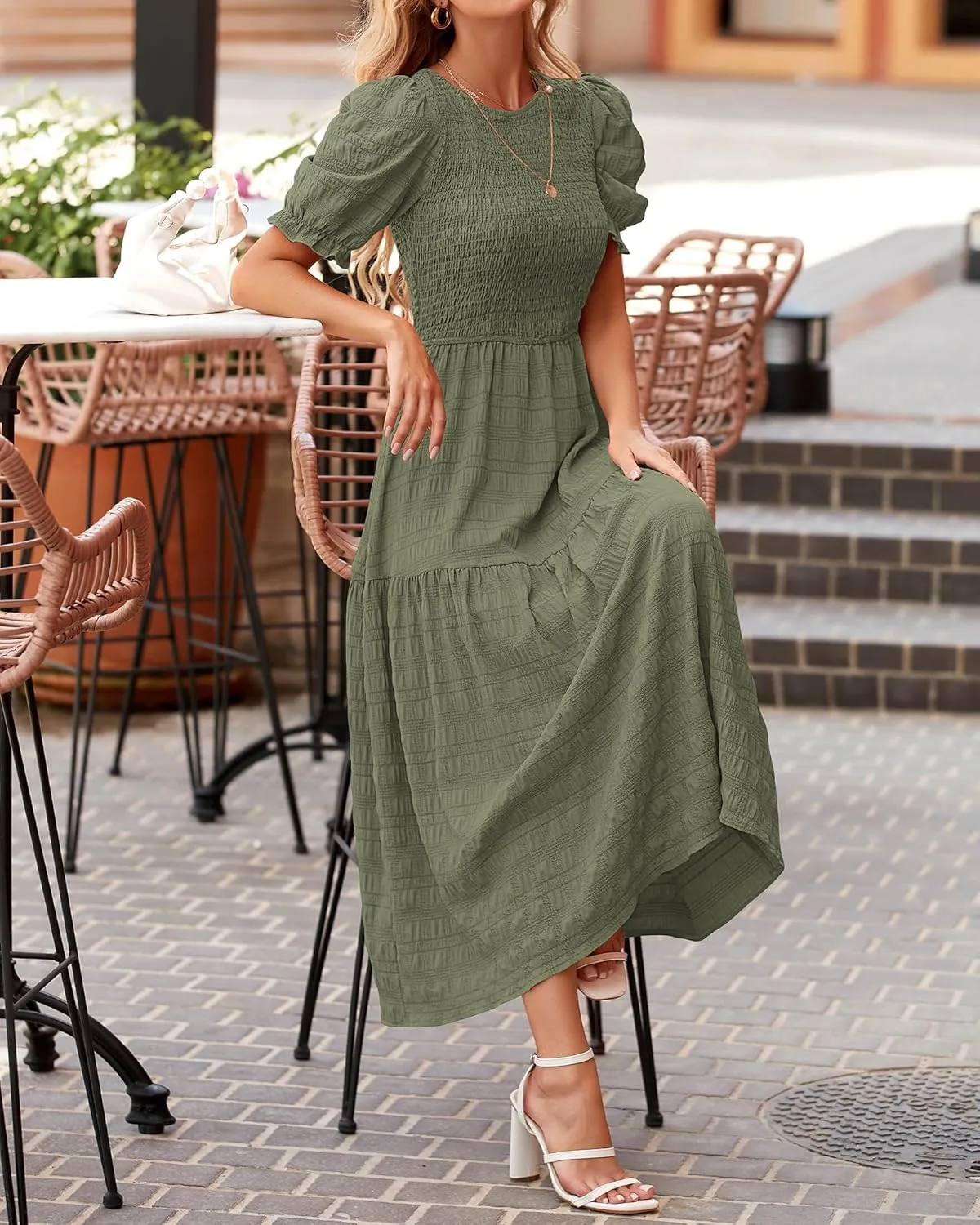 dowerme Womens Summer Dresses 2025 Casual Puff Short Sleeve Crewneck Smocked Flowy Ruffle Boho Beach Party Maxi Sundress