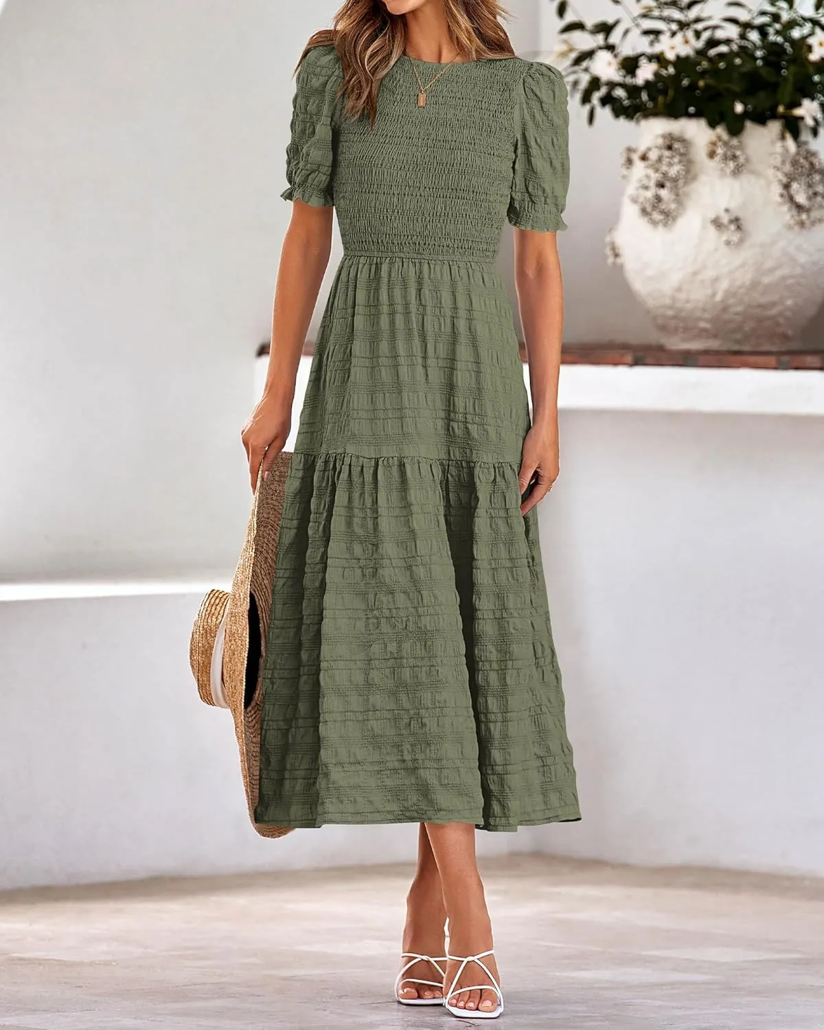 dowerme Womens Summer Dresses 2025 Casual Puff Short Sleeve Crewneck Smocked Flowy Ruffle Boho Beach Party Maxi Sundress