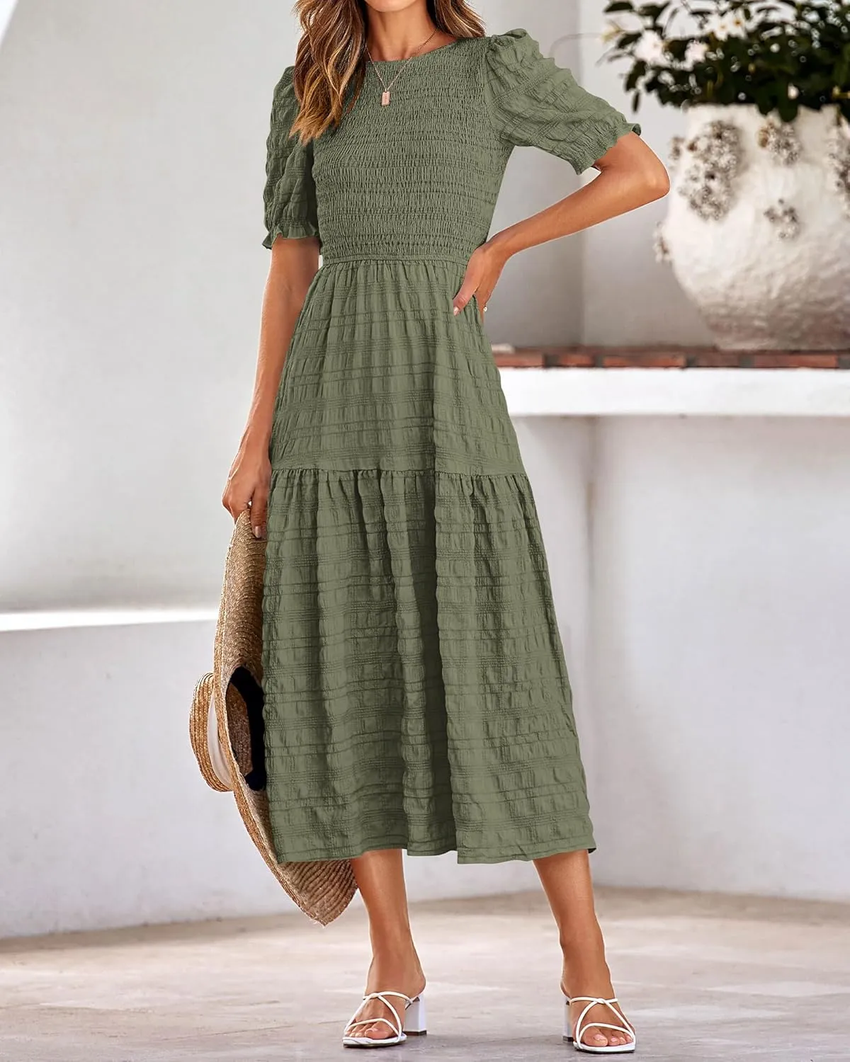 dowerme Womens Summer Dresses 2025 Casual Puff Short Sleeve Crewneck Smocked Flowy Ruffle Boho Beach Party Maxi Sundress