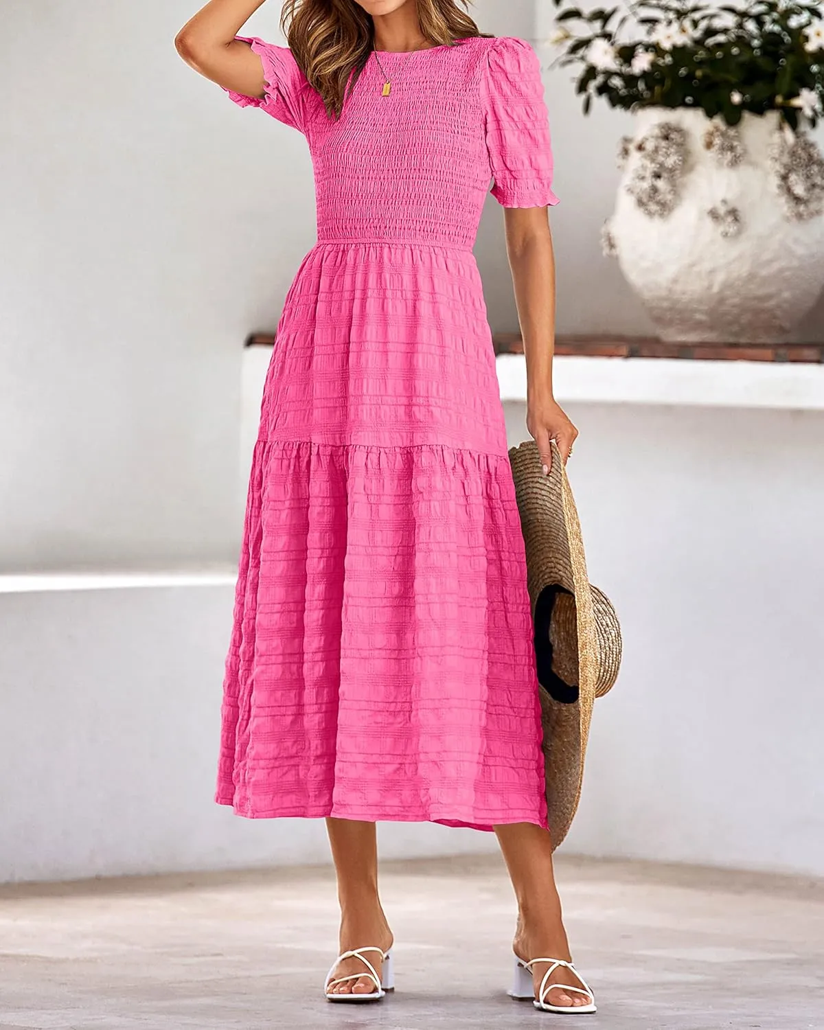 dowerme Womens Summer Dresses 2025 Casual Puff Short Sleeve Crewneck Smocked Flowy Ruffle Boho Beach Party Maxi Sundress